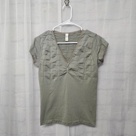 Vintage Olive Green Tee Top Y2K Fairy Twee Crochet Trim Ruched Ribbed Bodycon XL - Picture 8 of 11